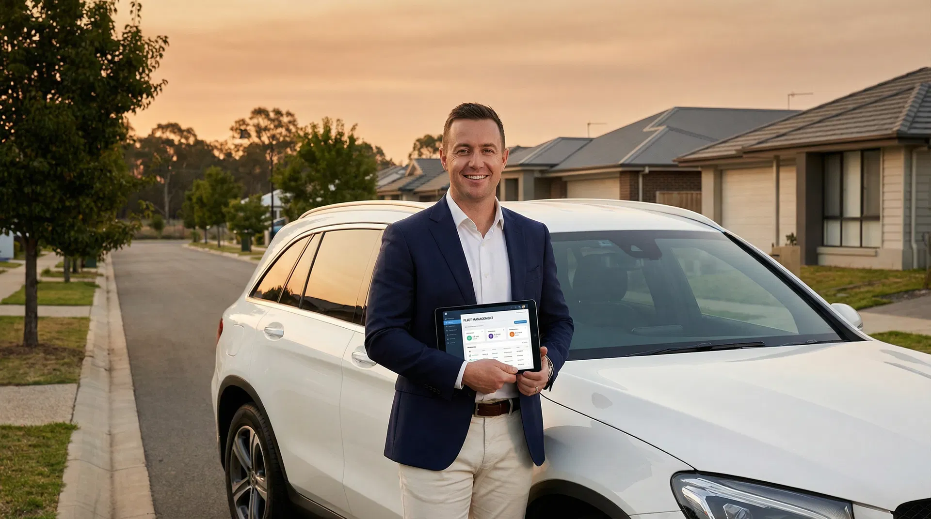 Real estate agent standing next to branded agency SUV holding tablet at sunset